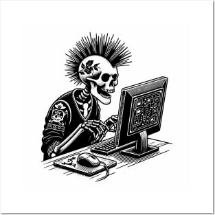Punk Rock Goth Skeleton on Computer Vintage Style Posters and Art